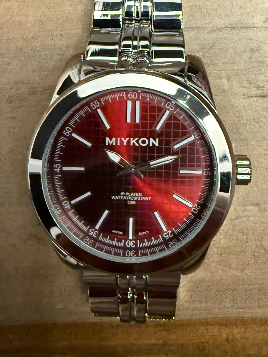 Miykon Men's Silver Stainless Steel Quartz Watch - Water-Resistant, Red Dial